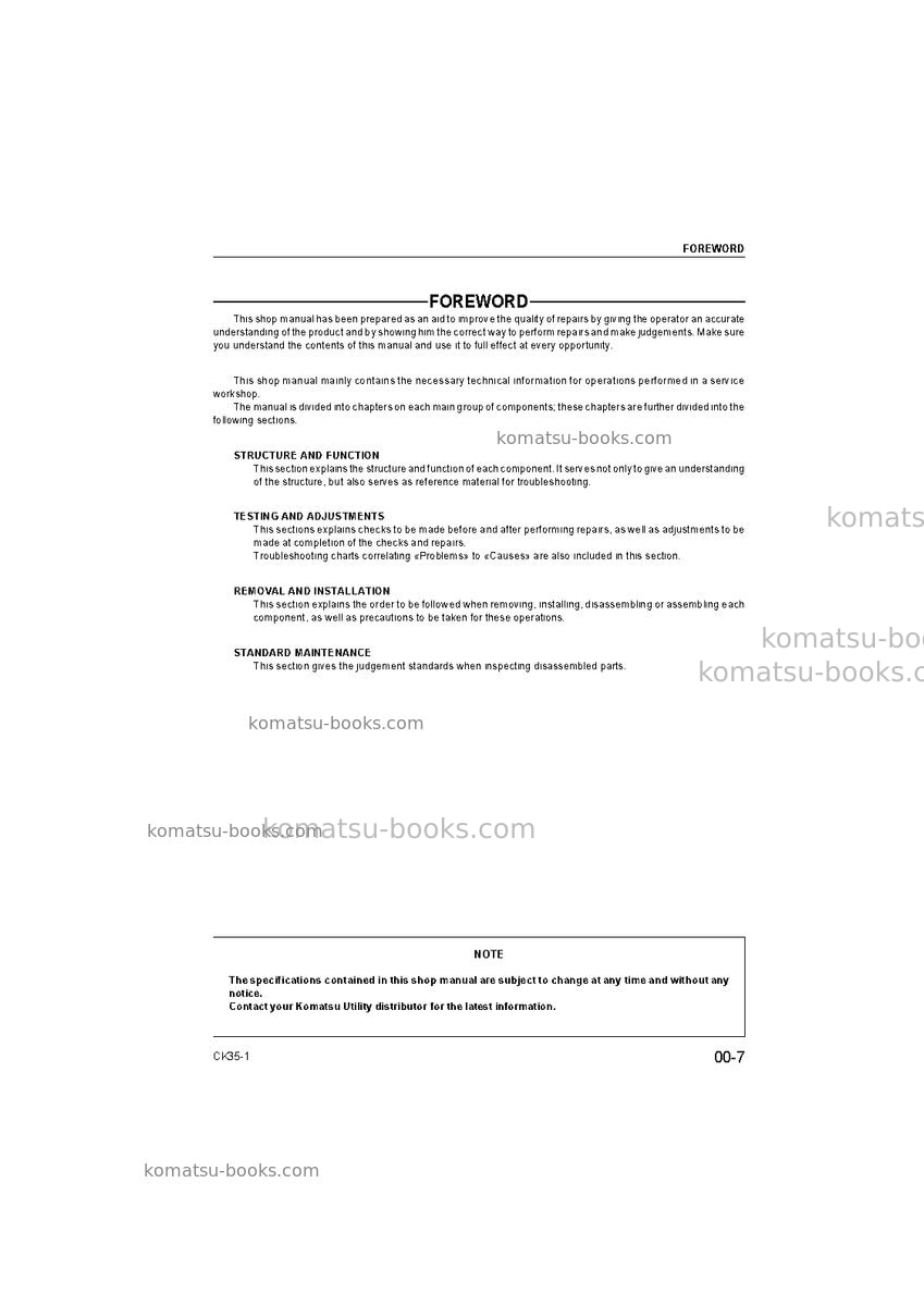 Komatsu ck35-1usa Repair & maintenance cover Page 7 Komatsu ck35-1usa Repair & maintenance cover Page 7