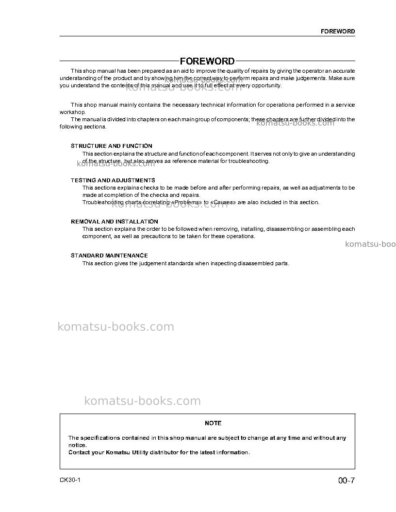 Komatsu ck30-1usa Repair & maintenance cover Page 7 Komatsu ck30-1usa Repair & maintenance cover Page 7