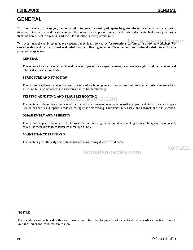 Komatsu pc300ll-7usa-tier 3 Repair & maintenance cover Page 7 Komatsu pc300ll-7usa-tier 3 Repair & maintenance cover Page 7