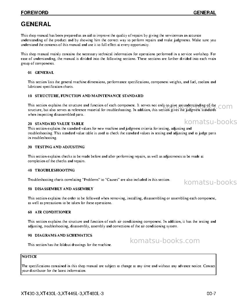 Komatsu xt445l-3usa Repair & maintenance cover Page 7 Komatsu xt445l-3usa Repair & maintenance cover Page 7