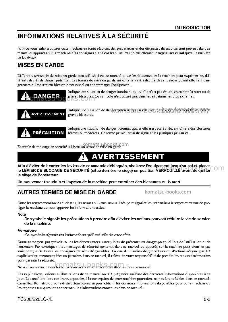 Komatsu pc220lc-7usa-l Manuel d'utilisation couverture Page 7