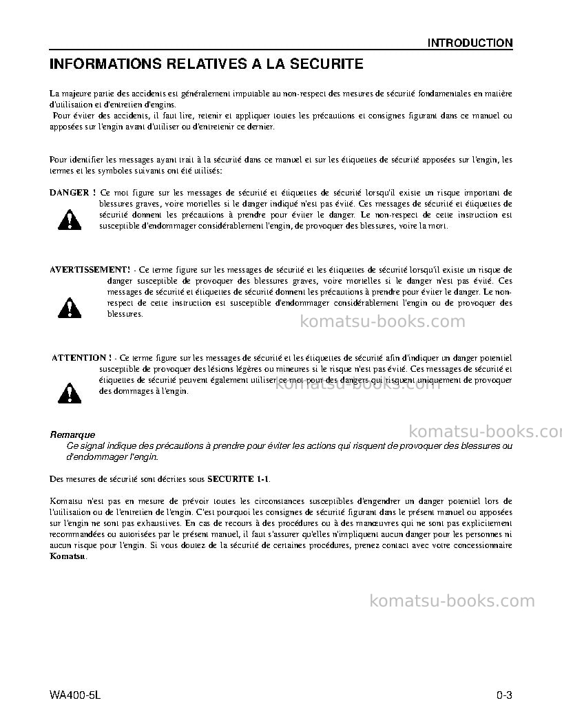 Komatsu wa400-5usa-l Manuel d'utilisation couverture Page 7 Komatsu wa400-5usa-l Manuel d'utilisation couverture Page 7