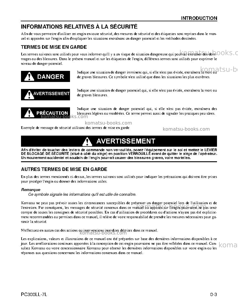 Komatsu pc300ll-7usa-l Manuel d'utilisation couverture Page 7
