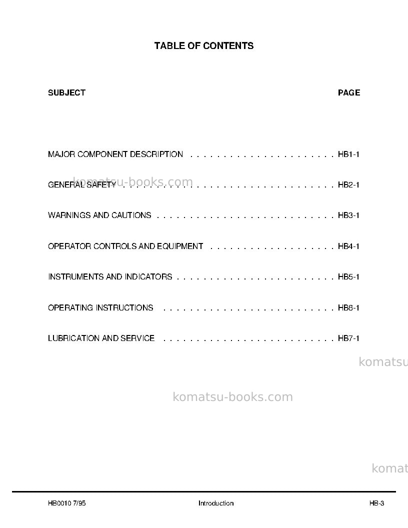 Komatsu 210musa Operation manual cover Page 7 Komatsu 210musa Operation manual cover Page 7