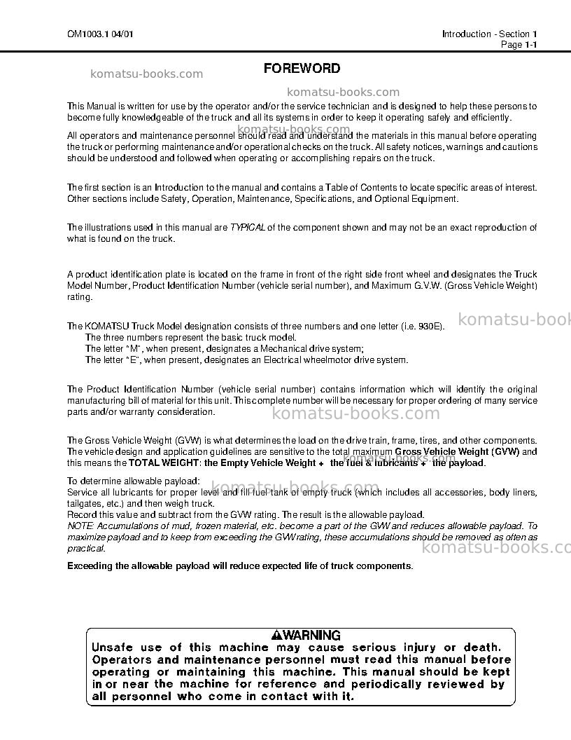 Komatsu 930eusa Operation manual cover Page 7 Komatsu 930eusa Operation manual cover Page 7