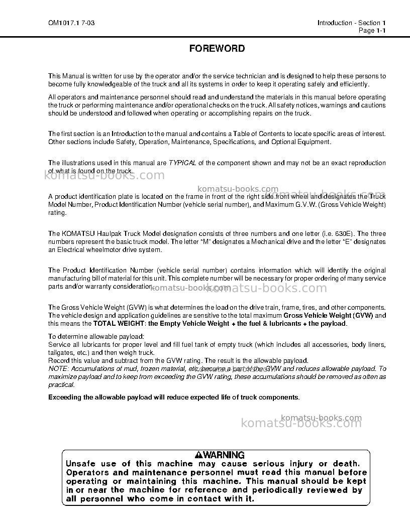 Komatsu 630eusa Operation manual cover Page 7