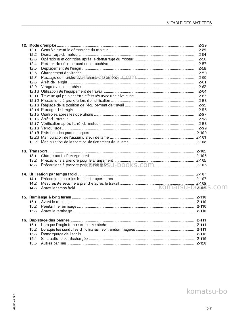 Komatsu gd825a-2usa Manuel d'utilisation couverture Page 7 Komatsu gd825a-2usa Manuel d'utilisation couverture Page 7