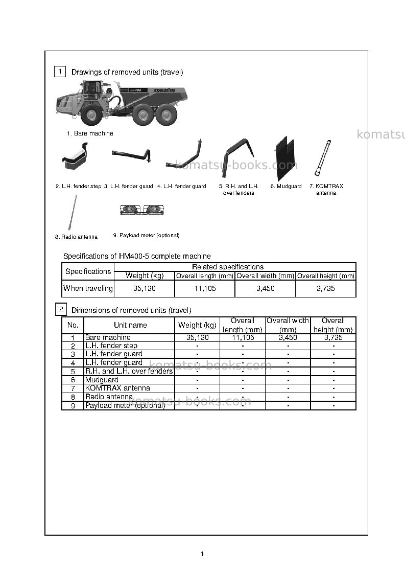 Komatsu hm400-5jpn Field assembly manual cover Page 7 Komatsu hm400-5jpn Field assembly manual cover Page 7