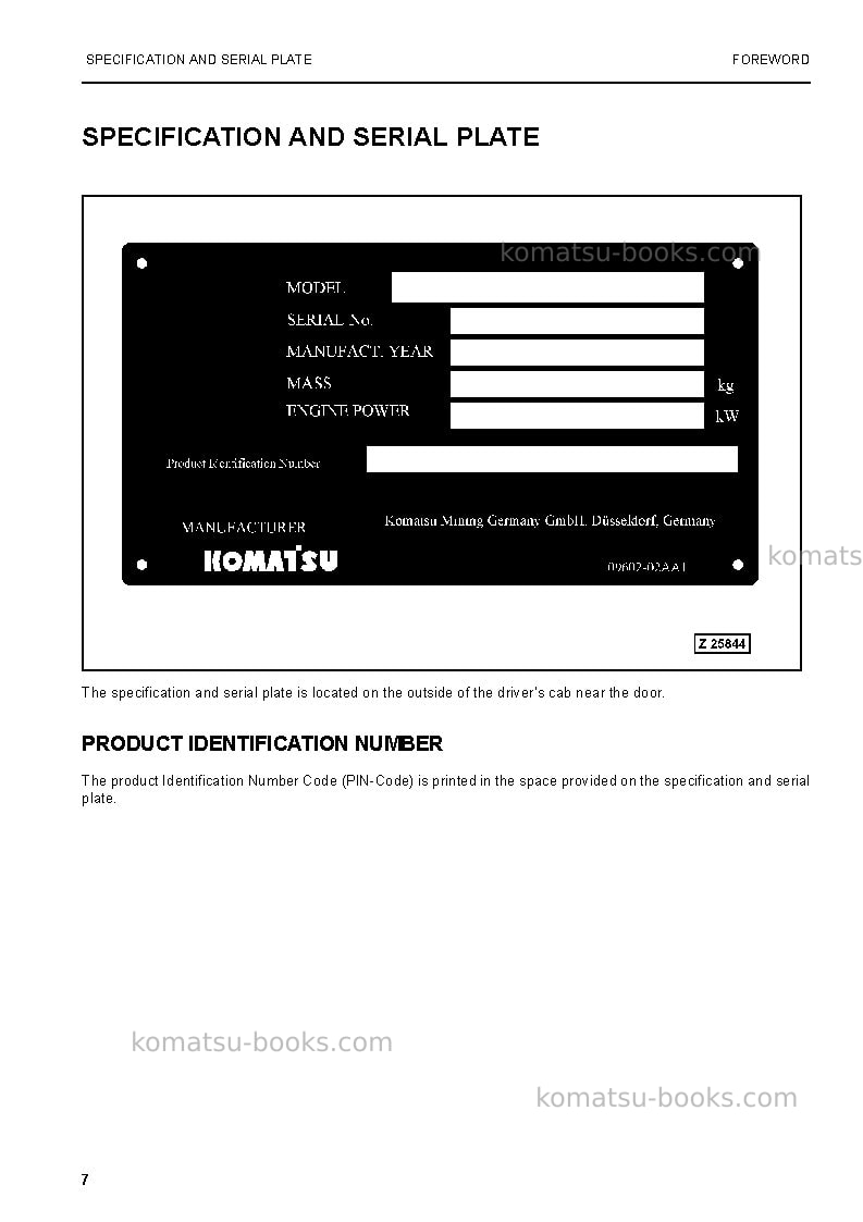 Komatsu pc3000-6deu Operation manual cover Page 7 Komatsu pc3000-6deu Operation manual cover Page 7