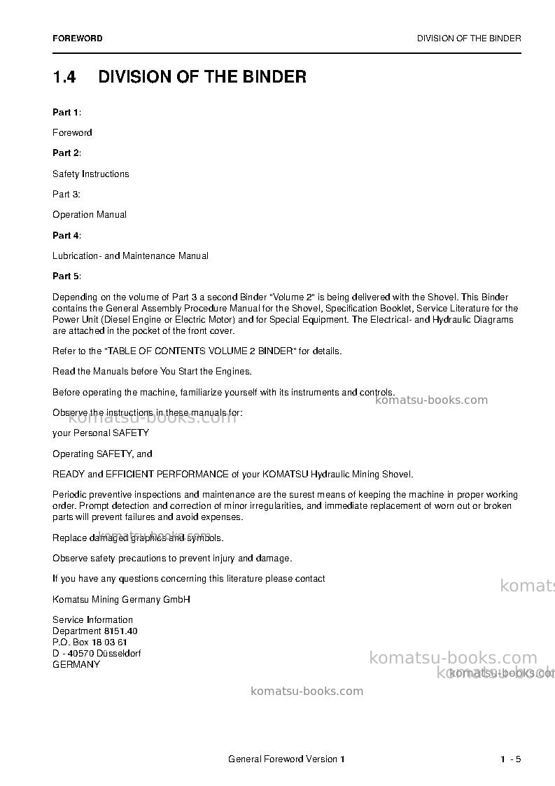 Komatsu pc4000-6deu-electric motor Operation manual cover Page 7 Komatsu pc4000-6deu-electric motor Operation manual cover Page 7