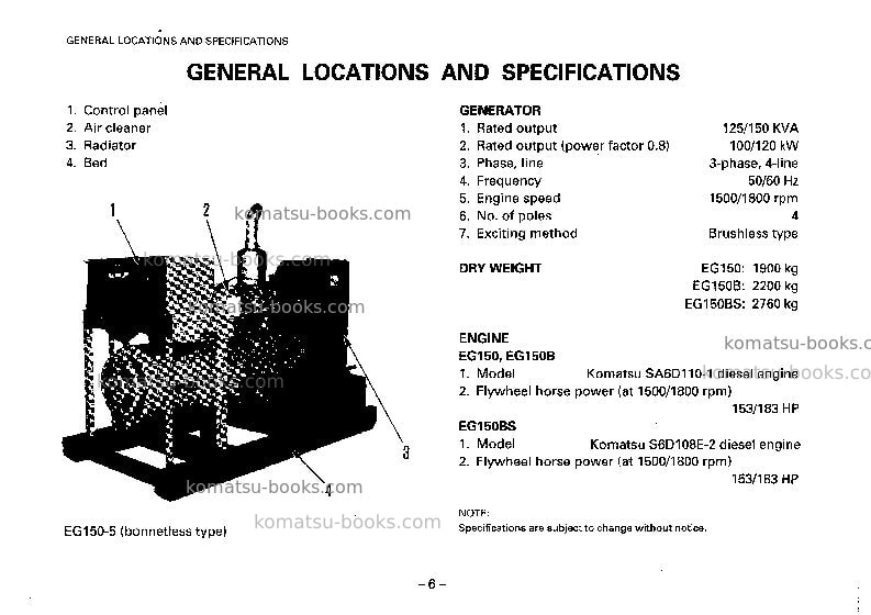 Komatsu eg150bs-5jpn Operation manual cover Page 7 Komatsu eg150bs-5jpn Operation manual cover Page 7