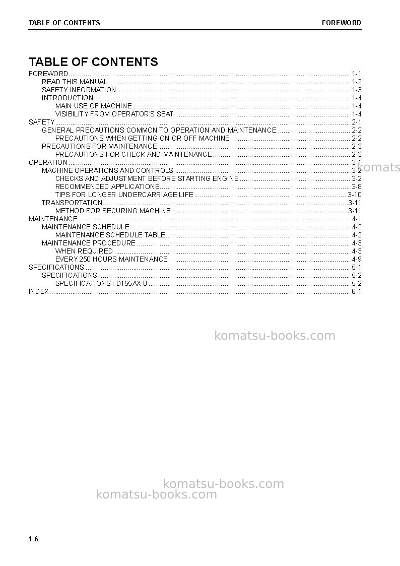 Komatsu d155ax-8jpn-sandy soil spec. Operation manual cover Page 7 Komatsu d155ax-8jpn-sandy soil spec. Operation manual cover Page 7