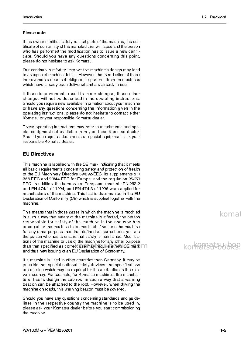 Komatsu wa100m-5deu Operation manual cover Page 7 Komatsu wa100m-5deu Operation manual cover Page 7