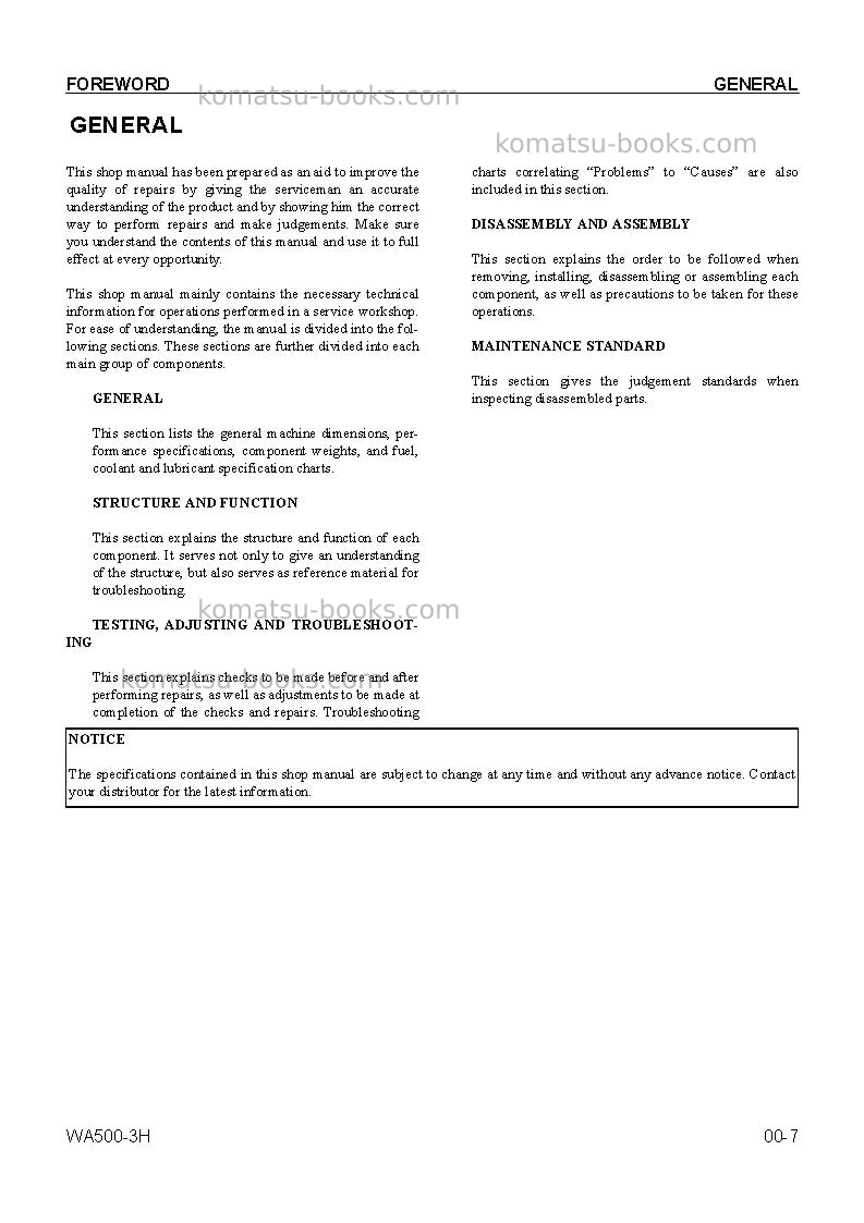 Komatsu wa500-3deu Repair & maintenance cover Page 7 Komatsu wa500-3deu Repair & maintenance cover Page 7