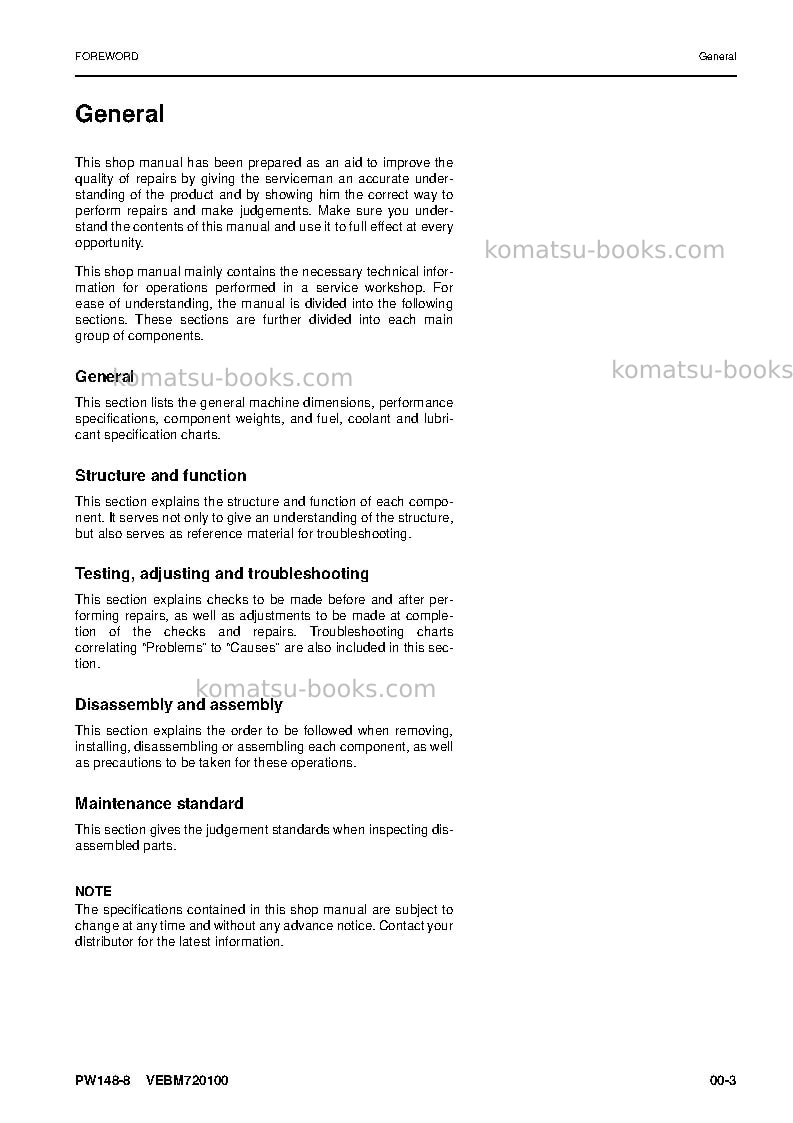 Komatsu pw148-8deu Repair & maintenance cover Page 7 Komatsu pw148-8deu Repair & maintenance cover Page 7