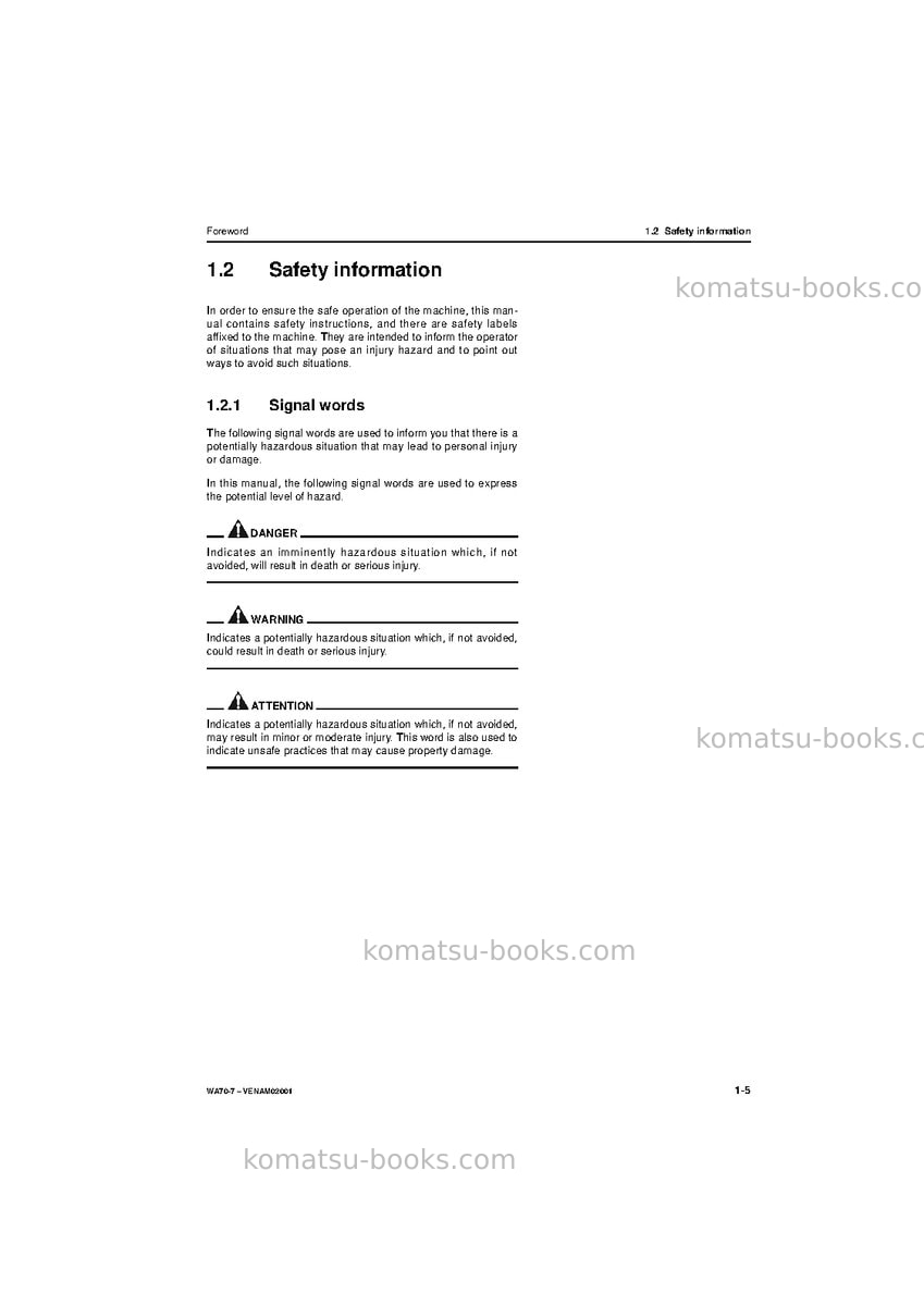 Komatsu wa70-7deu Operation manual cover Page 7 Komatsu wa70-7deu Operation manual cover Page 7
