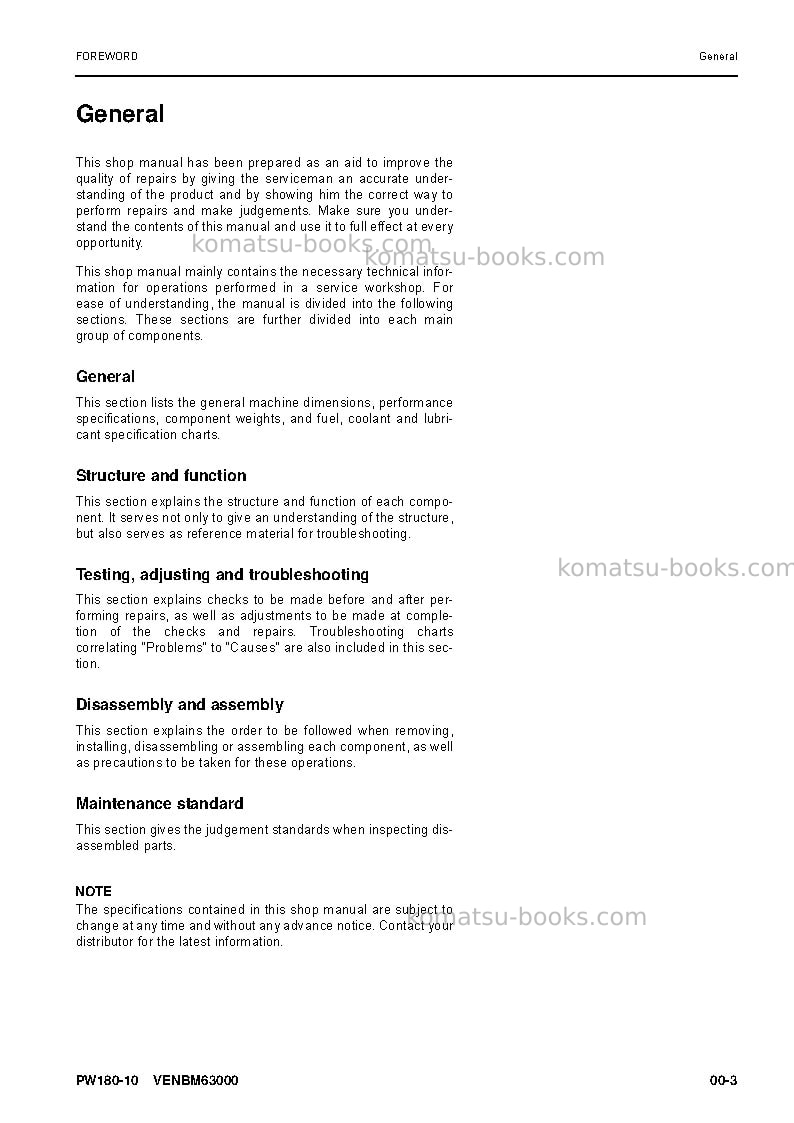 Komatsu pw180-10deu Repair & maintenance cover Page 7