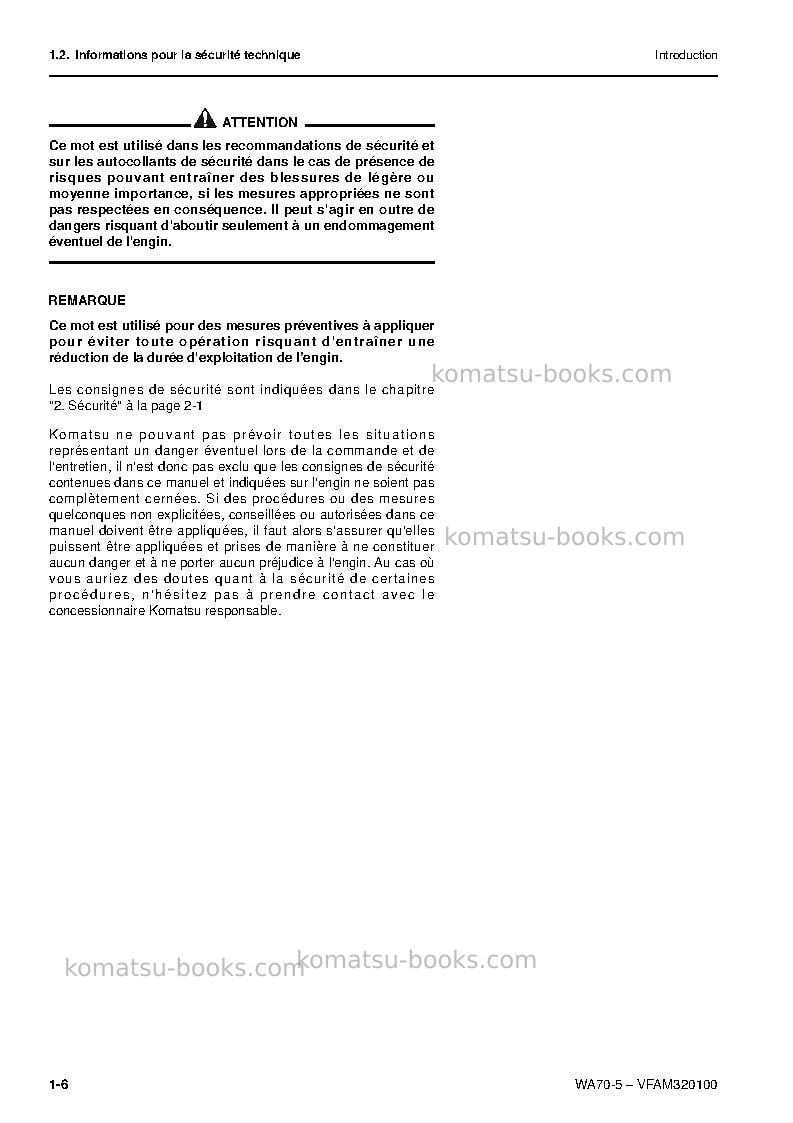 Komatsu wa70-5deu Manuel d'utilisation couverture Page 7