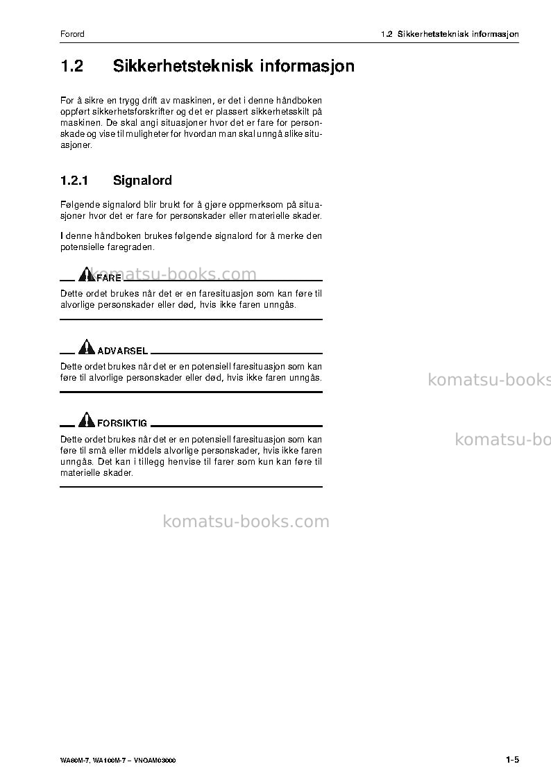 Komatsu wa80m-7deu Operation manual cover Page 7 Komatsu wa80m-7deu Operation manual cover Page 7