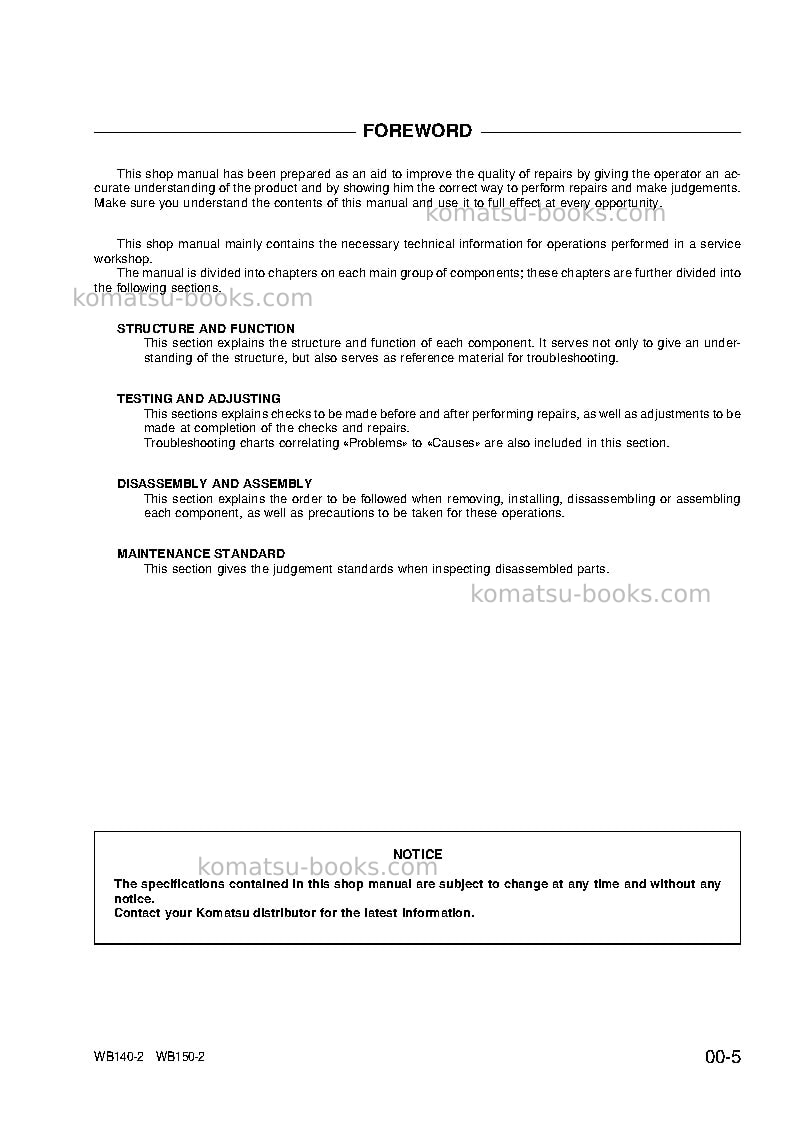 Komatsu wb140-2ita Repair & maintenance cover Page 7