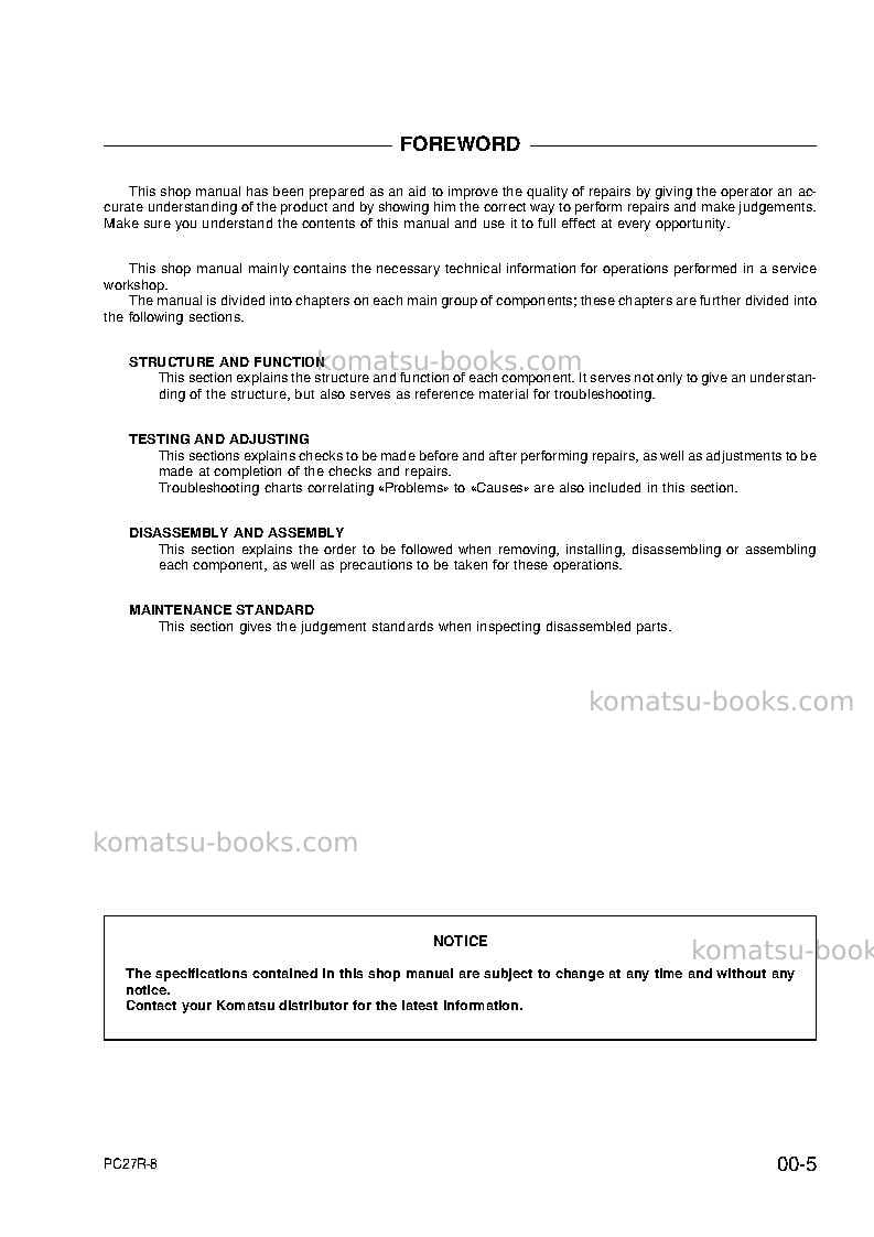 Komatsu pc27r-8jpn Repair & maintenance cover Page 7 Komatsu pc27r-8jpn Repair & maintenance cover Page 7