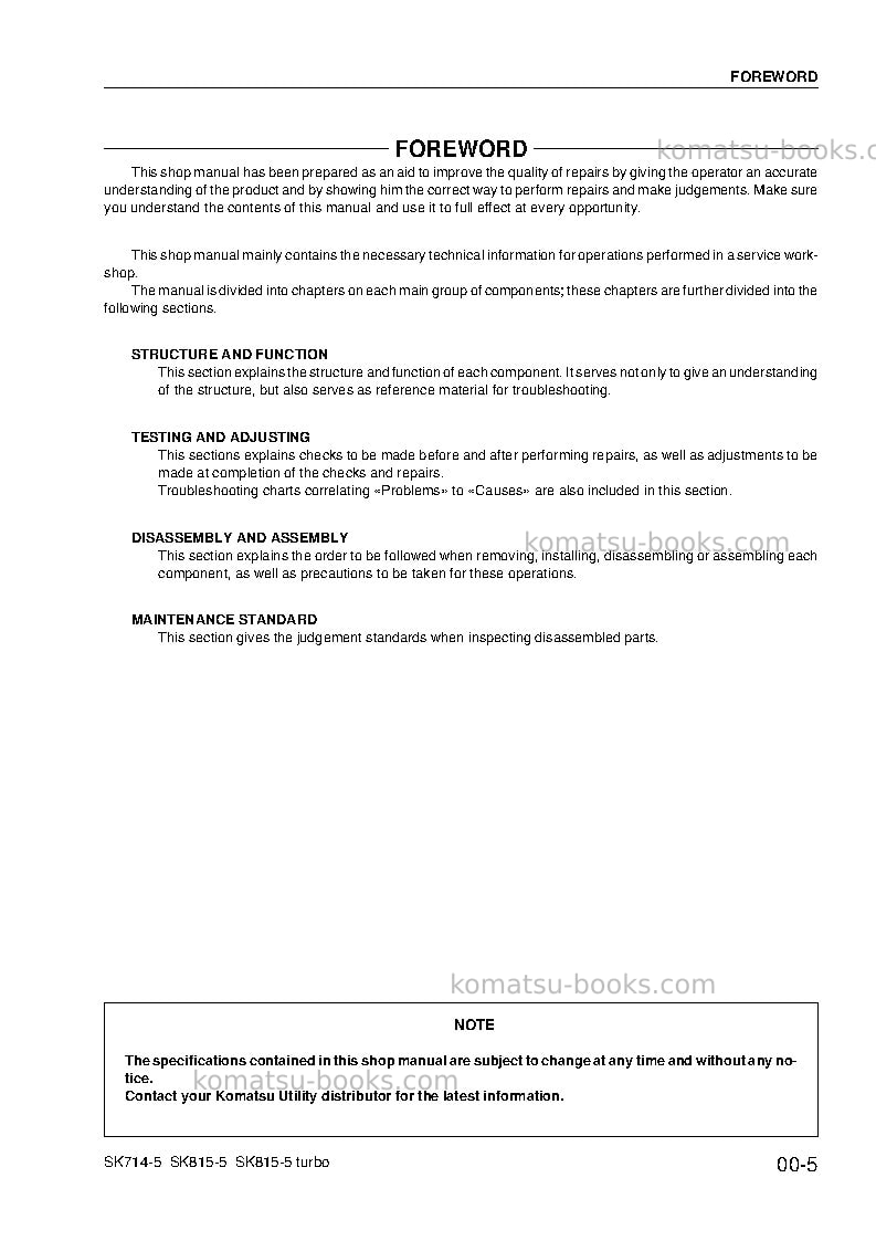 Komatsu sk714-5ita-/ Repair & maintenance cover Page 7 Komatsu sk714-5ita-/ Repair & maintenance cover Page 7
