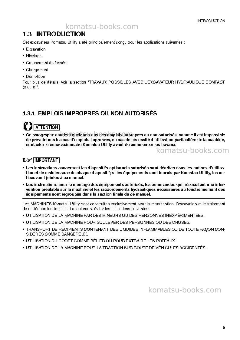 Komatsu pc09-1jpn Manuel d'utilisation couverture Page 7 Komatsu pc09-1jpn Manuel d'utilisation couverture Page 7